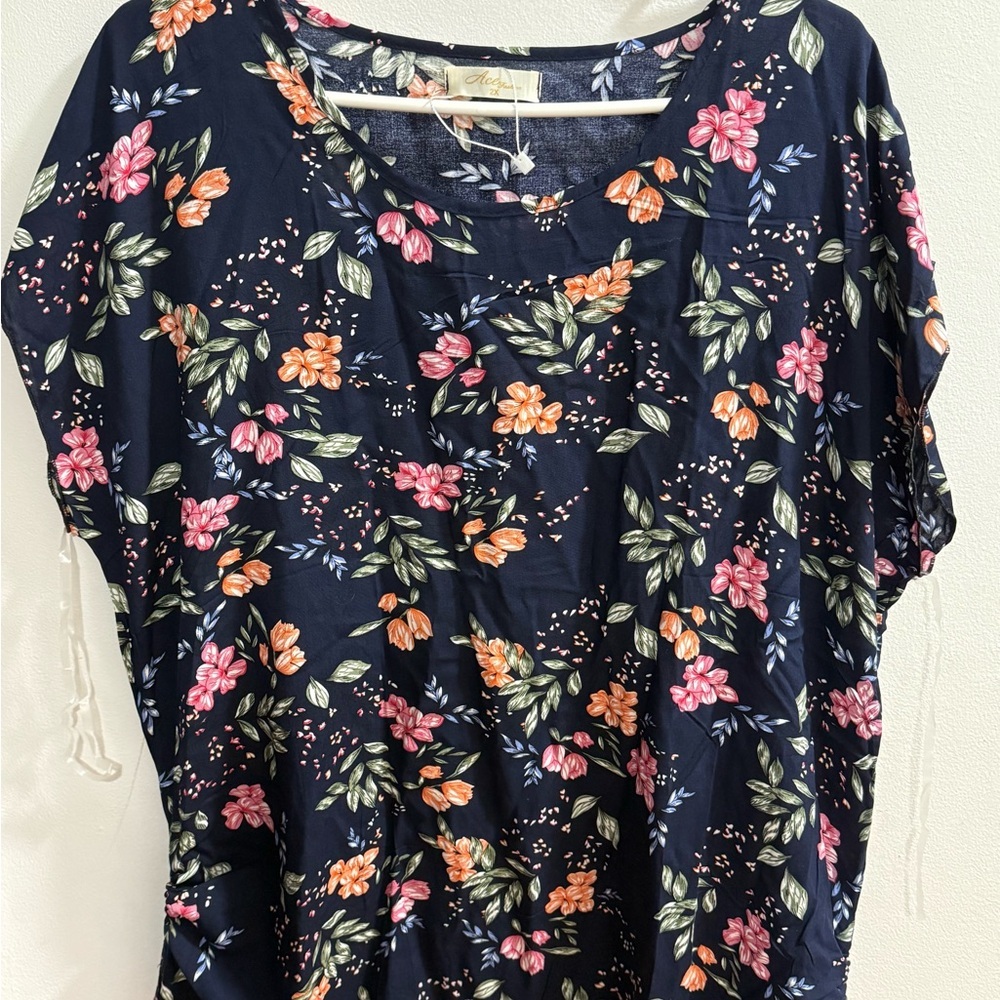 Ace Fashion Navy Blue Floral Short Sleeve Blouse Cinch Side Top Womens 2X - Picture 1 of 3